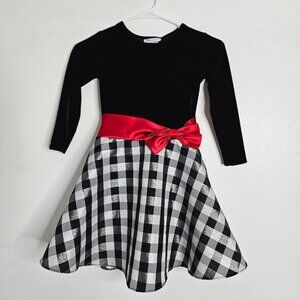 Bonnie Jean Black and White Plaid Dress with Red Bow Size 6